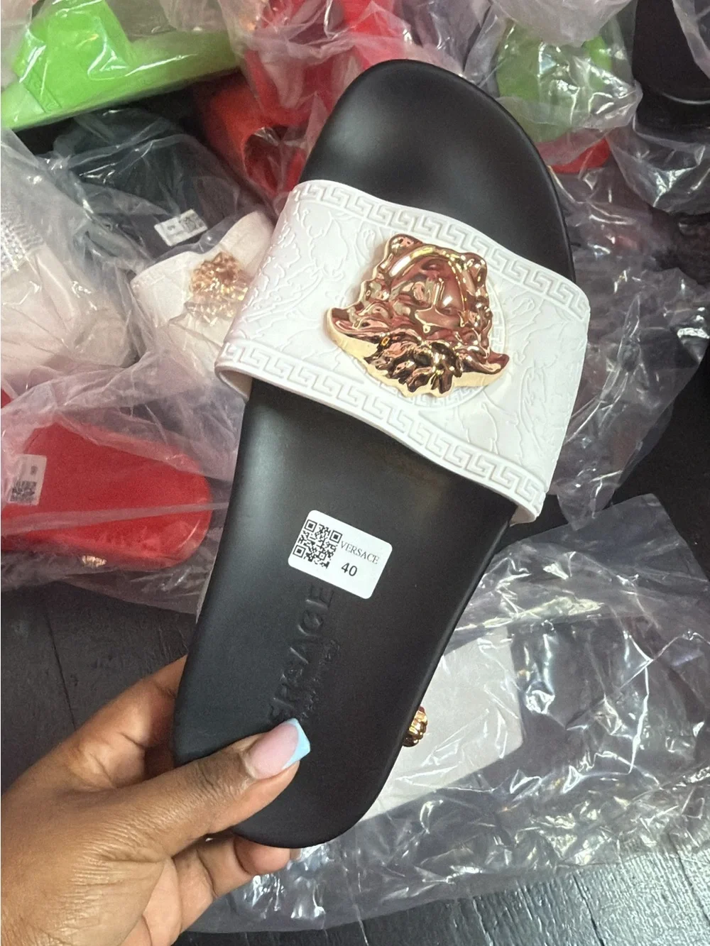 Versace White Strap Black Footbed Gold Medusa Slide